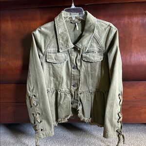 Free People Khaki Utility Jacket with Lace-Up Sleeves